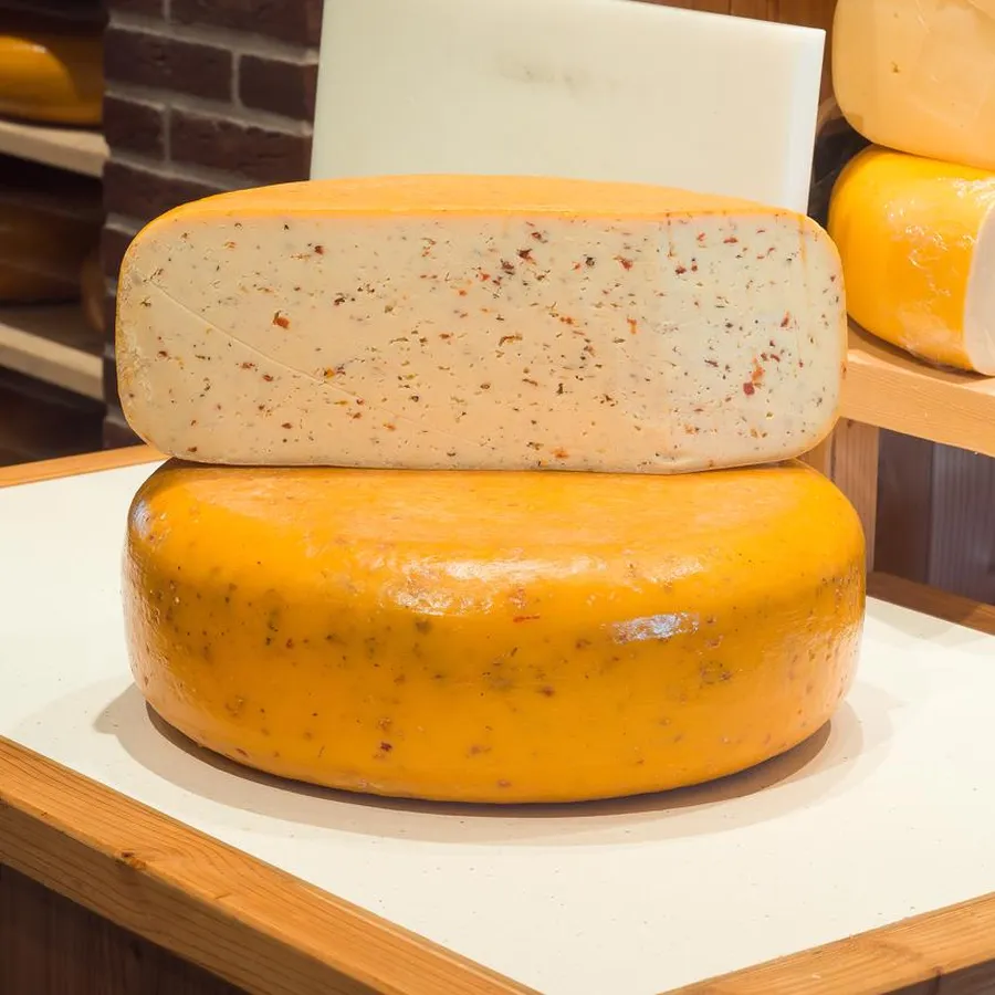 Pepper-mustard Gouda wheel with a cut half